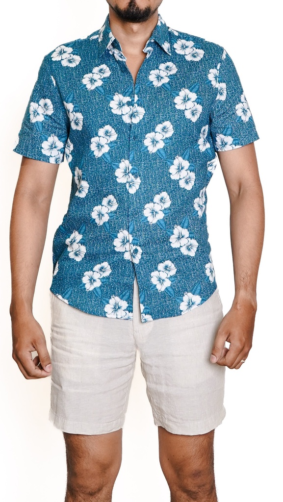 Vista adicional de Camisa Cubavera Manga Corta Lino Azul Coral - ADAMS