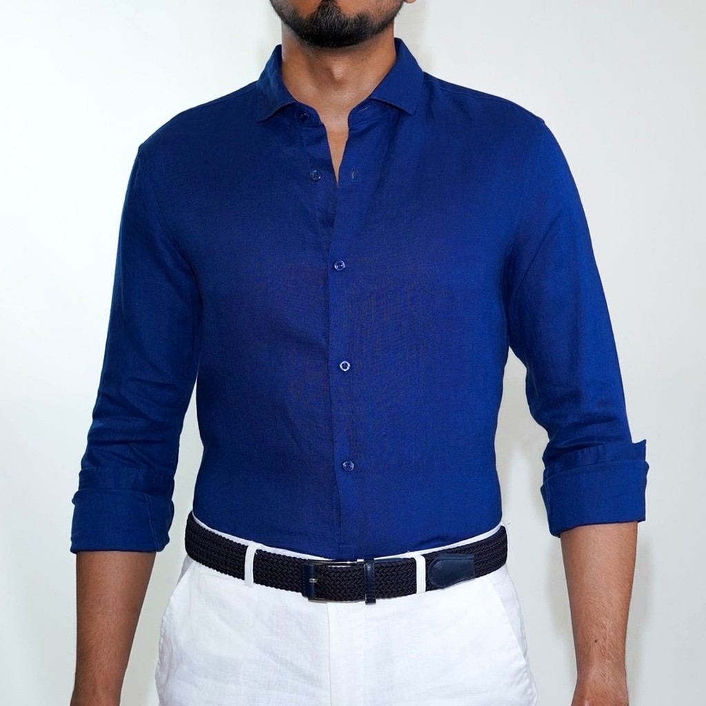Camisa Bruno Cassini Lino French Shirt Azul