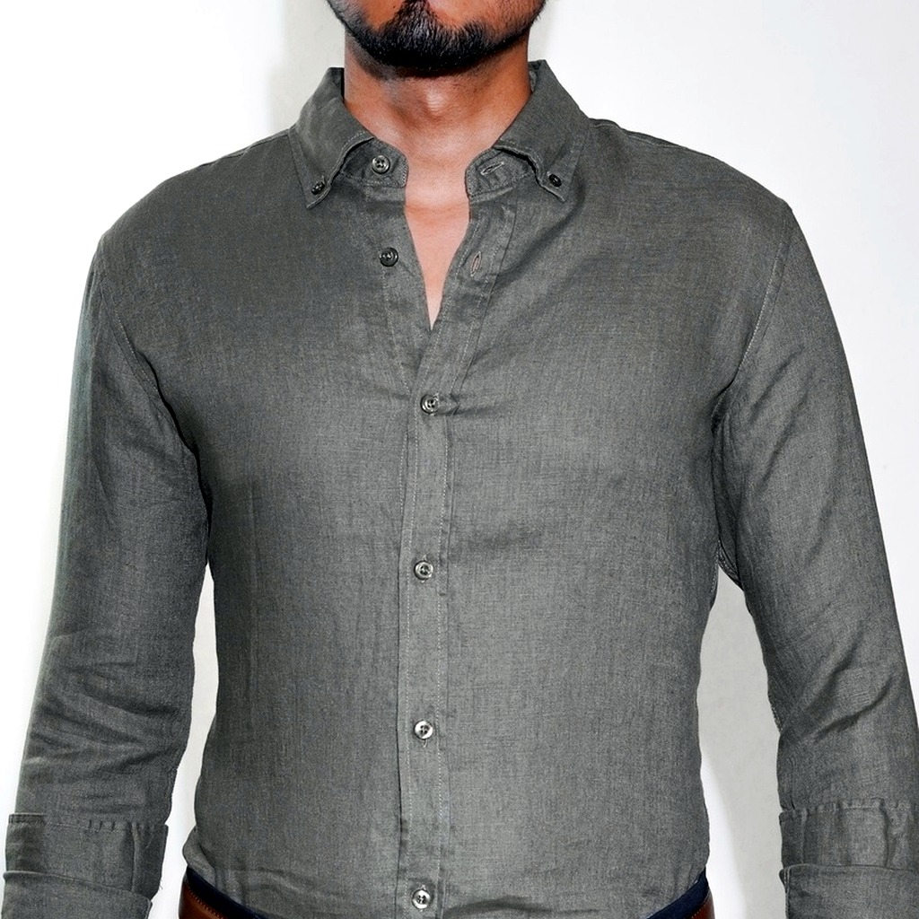 [2011-55-N/S] Camisa Bruno Cassini Lino Normal Shirt Olive (S)