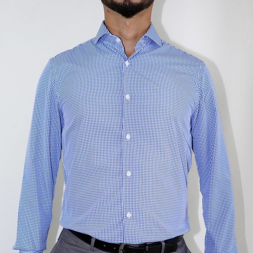 [C1100-1-2-14.5-S1] Camisa Bruno Cassini Puño Sencillo Cuadro Azul Modelo C1100-1-2 (14.5, S1 - 32/33)