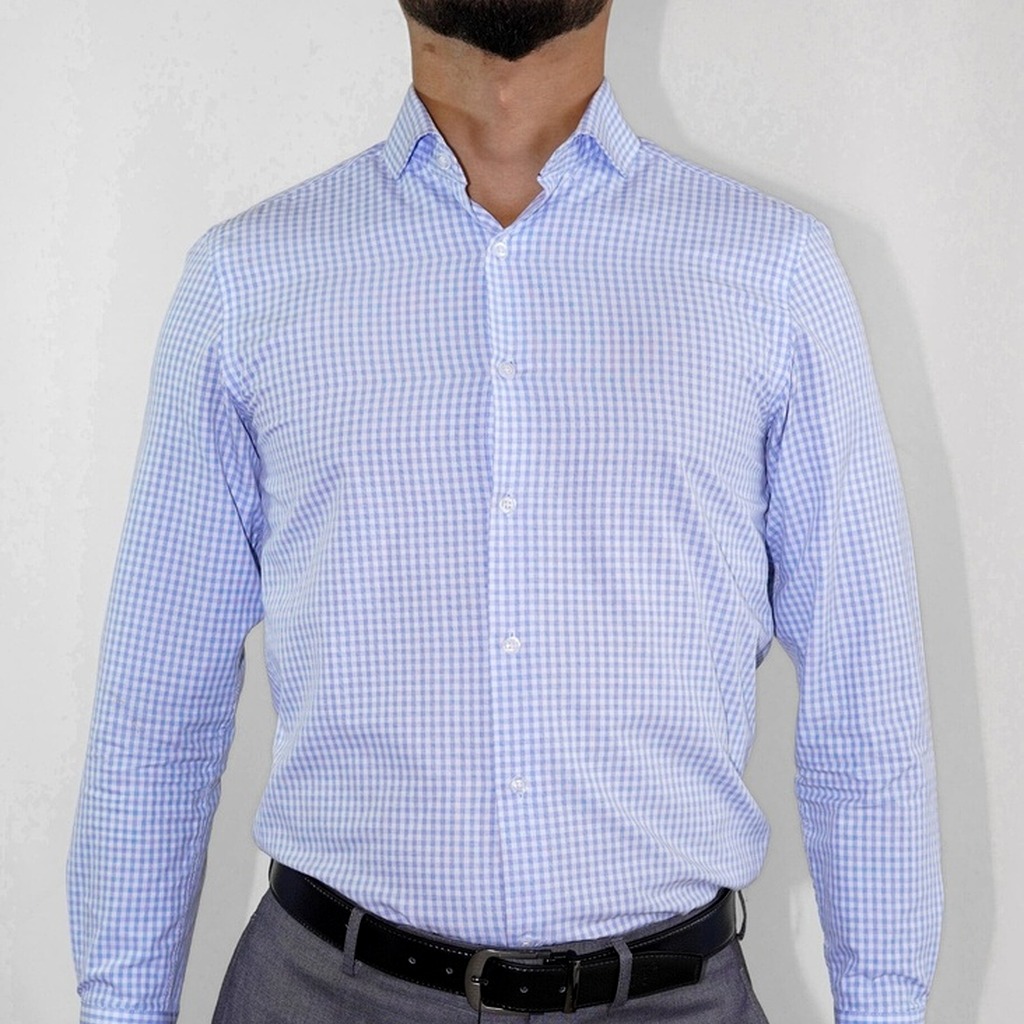 [AD7025P8-2-14.5-S1] Camisa Bruno Cassini Puño Sencillo Cuadros Celeste (14.5, S1 - 32/33)