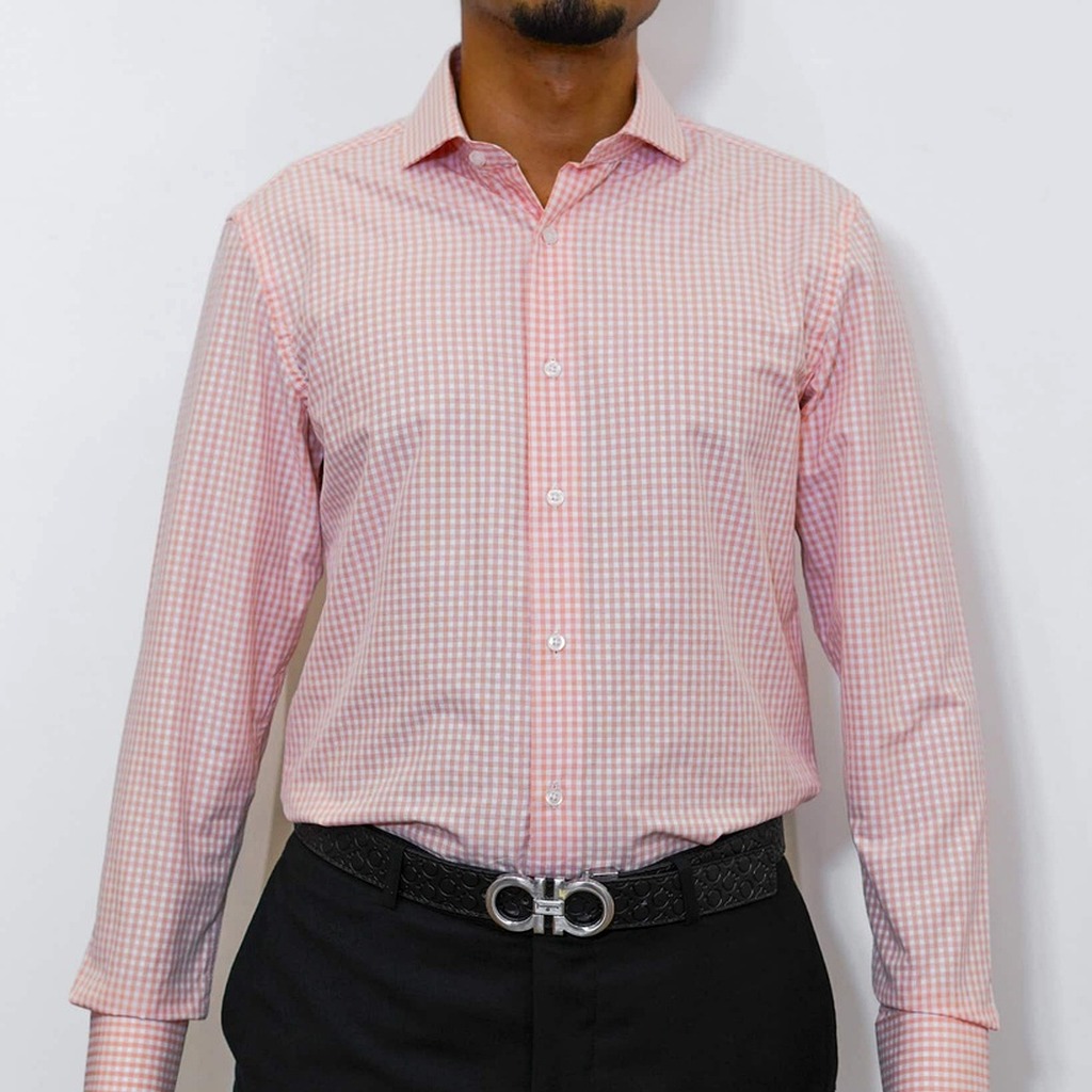 [AD7025P8-10-14.5-S1] Camisa Bruno Cassini Puño Sencillo Cuadros Orange (14.5, S1 - 32/33)