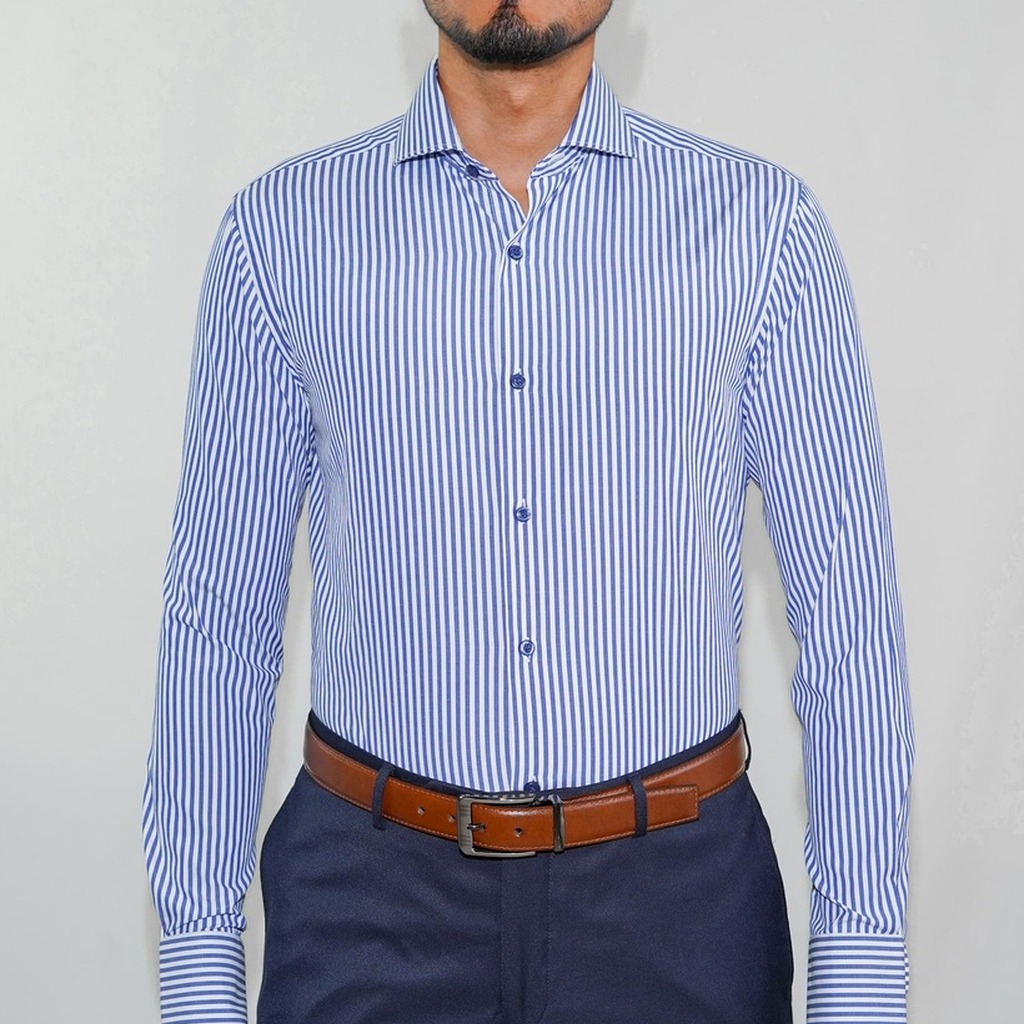 [605-3-14.5-S1] Camisa Bruno Cassini Puño Sencillo Linen Azul Modelo 605-3 (14.5, S1 - 32/33)