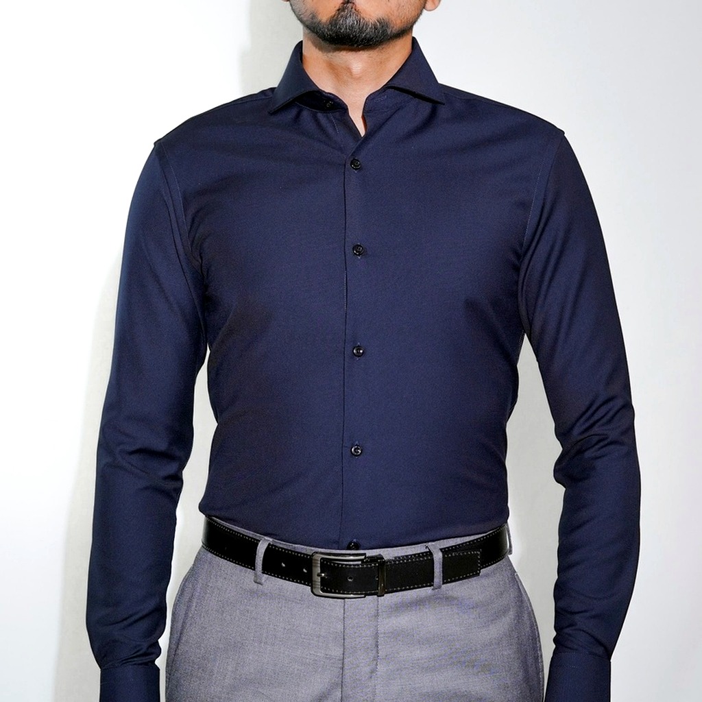[187-22-16.5-S1] Camisa Bruno Cassini Puño Sencillo Marino (16.5, S1 - 32/33)