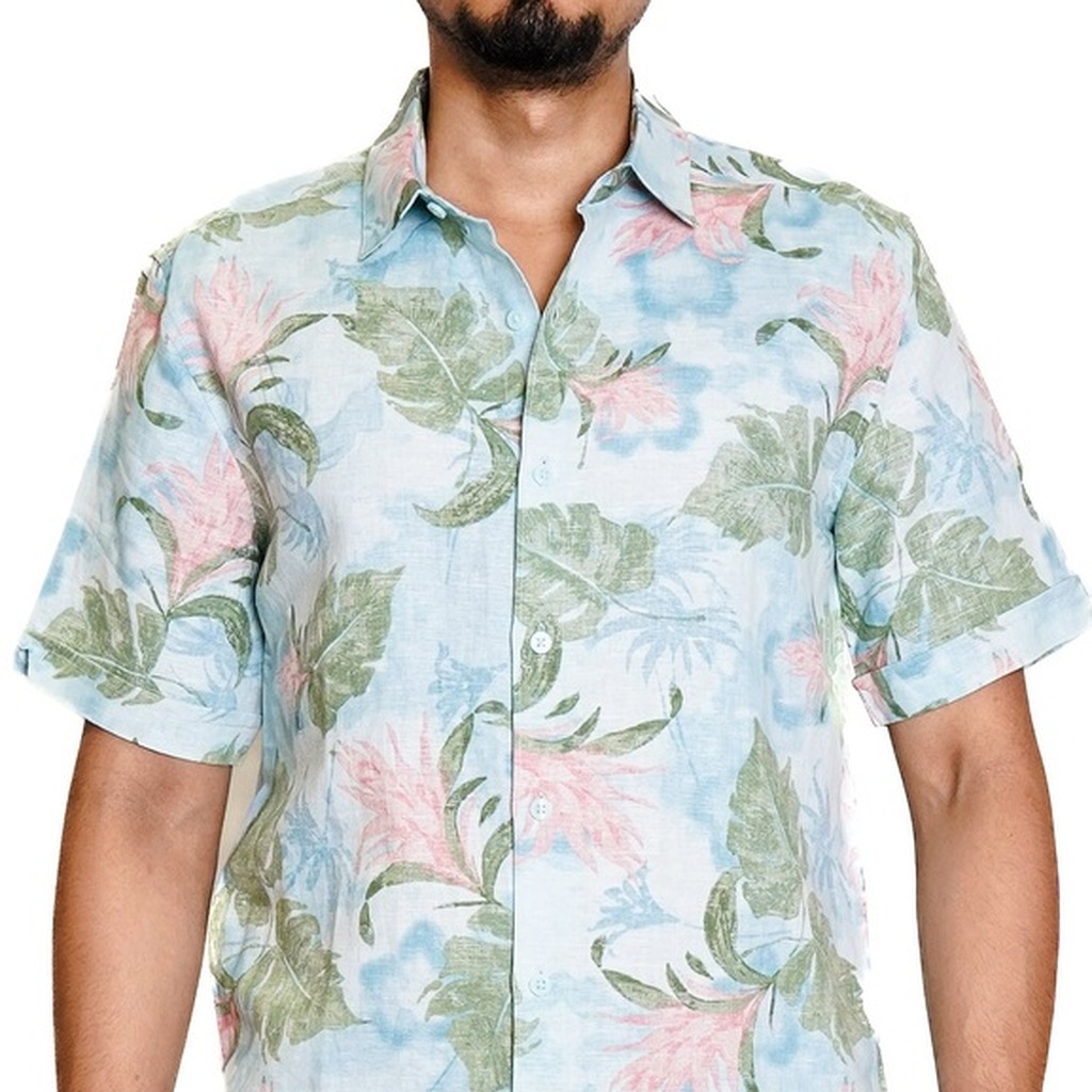 [CUWME010-439/S] Camisa Cubavera Manga Corta Lino Aqua Esque (S)