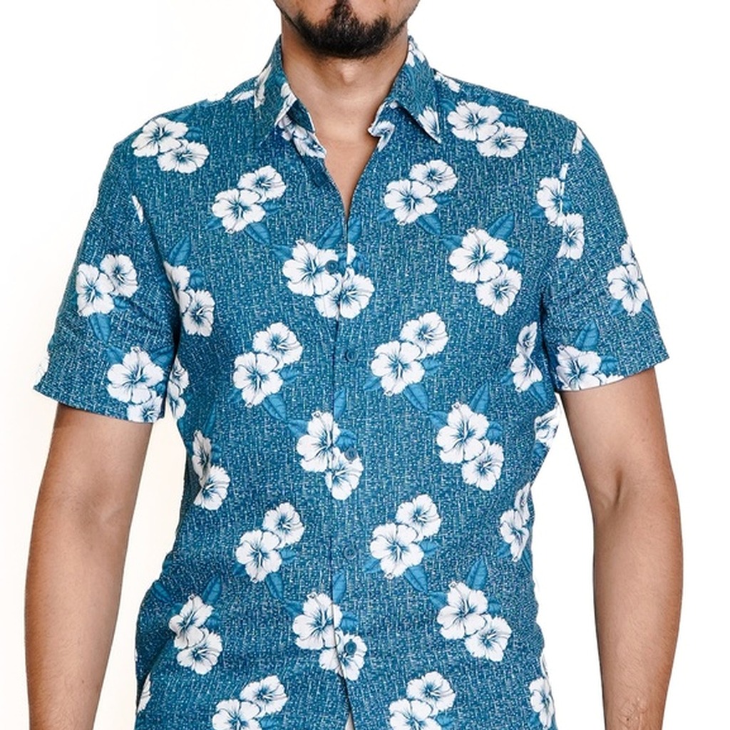 [CUWSD081-963/S] Camisa Cubavera Manga Corta Lino Azul Coral (S)